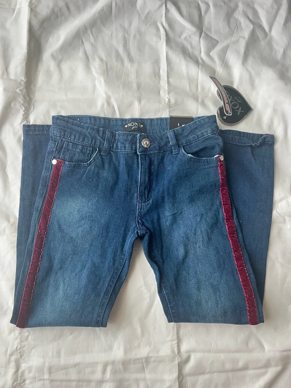 XOXO Dark Blue Denim Jeans with Burgundy Side Stripe size 12